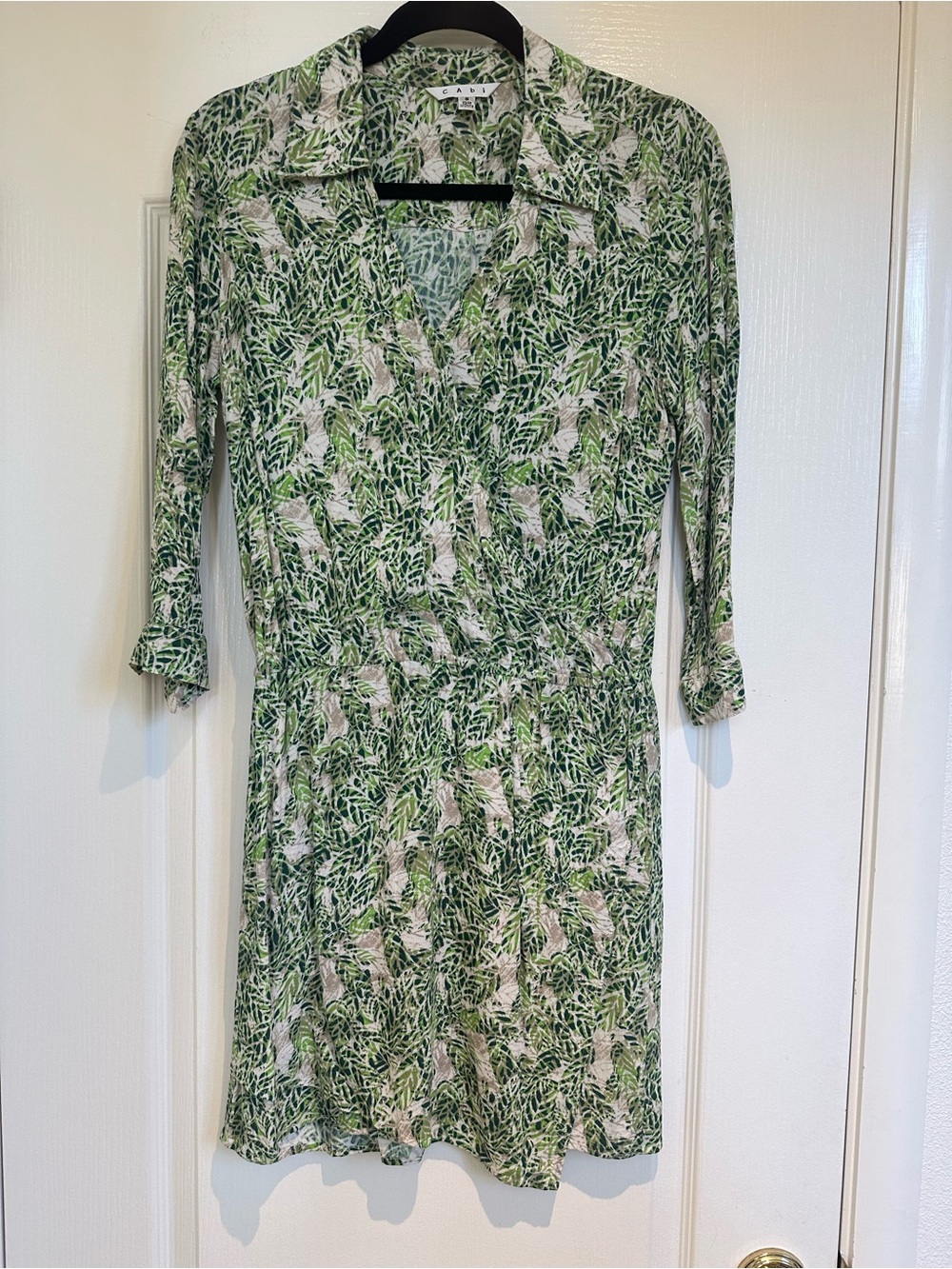 CAbi Green and Cream Leaf-Print Long-Sleeve Shirt Dress